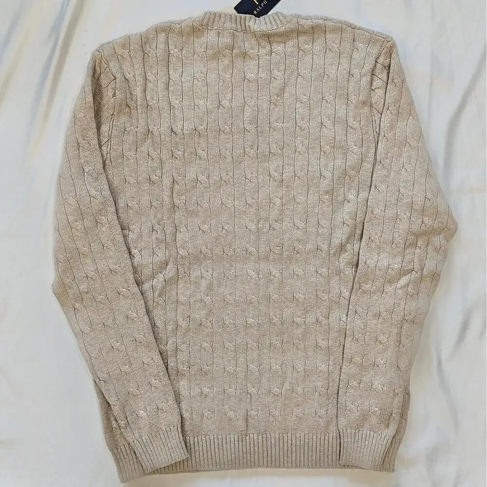 Polo Ralph Lauren Men’s Cable-Knit Cotton Crewneck Sweater Beige Oatmeal M NWT - Picture 3 of 7